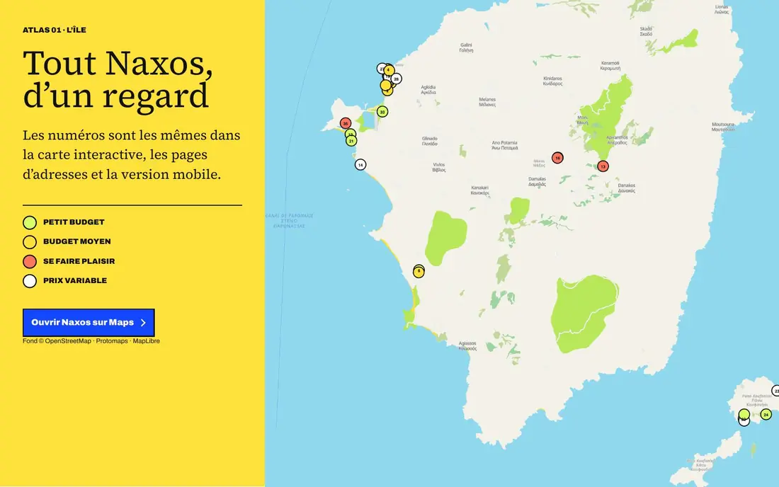 Page d'atlas : toute l'île de Naxos sur une carte, avec les repères numérotés.