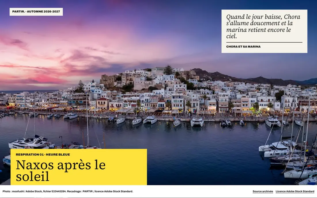 Page photographique pleine page, Chora à l'heure bleue.