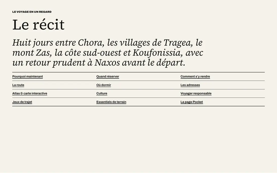 Page de sommaire : durée de 8 jours, budget, rythme, et la liste des chapitres.