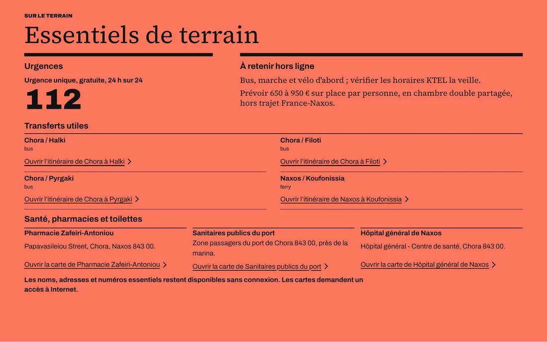 Page pratique : urgences, informations à retenir hors ligne.